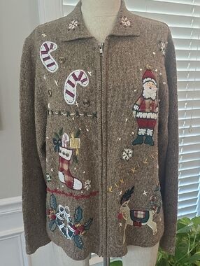 Christmas Embroidered Zip-Front Women's Cardigan Sweater - Brown